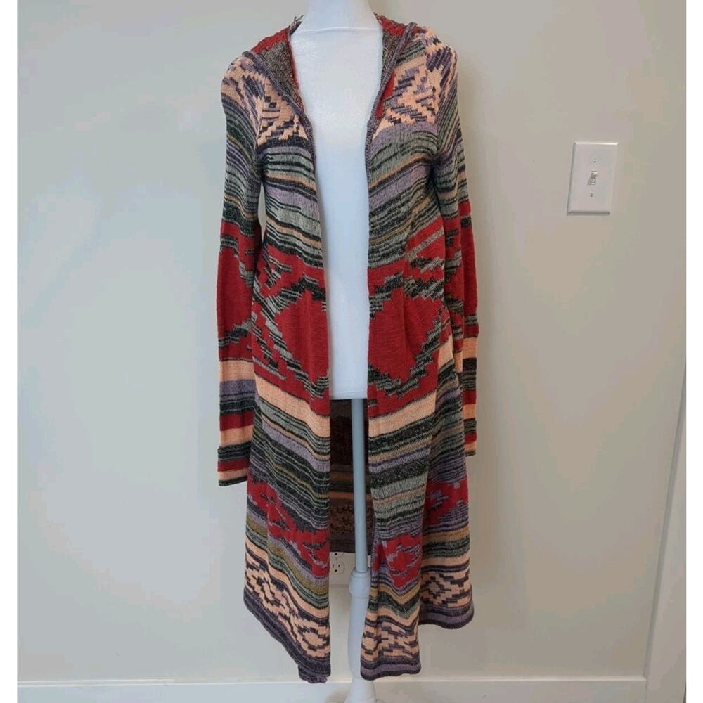Mudd Boho Hooded Knit Aztec Duster Cardigan Womens M Striped Hippie Core